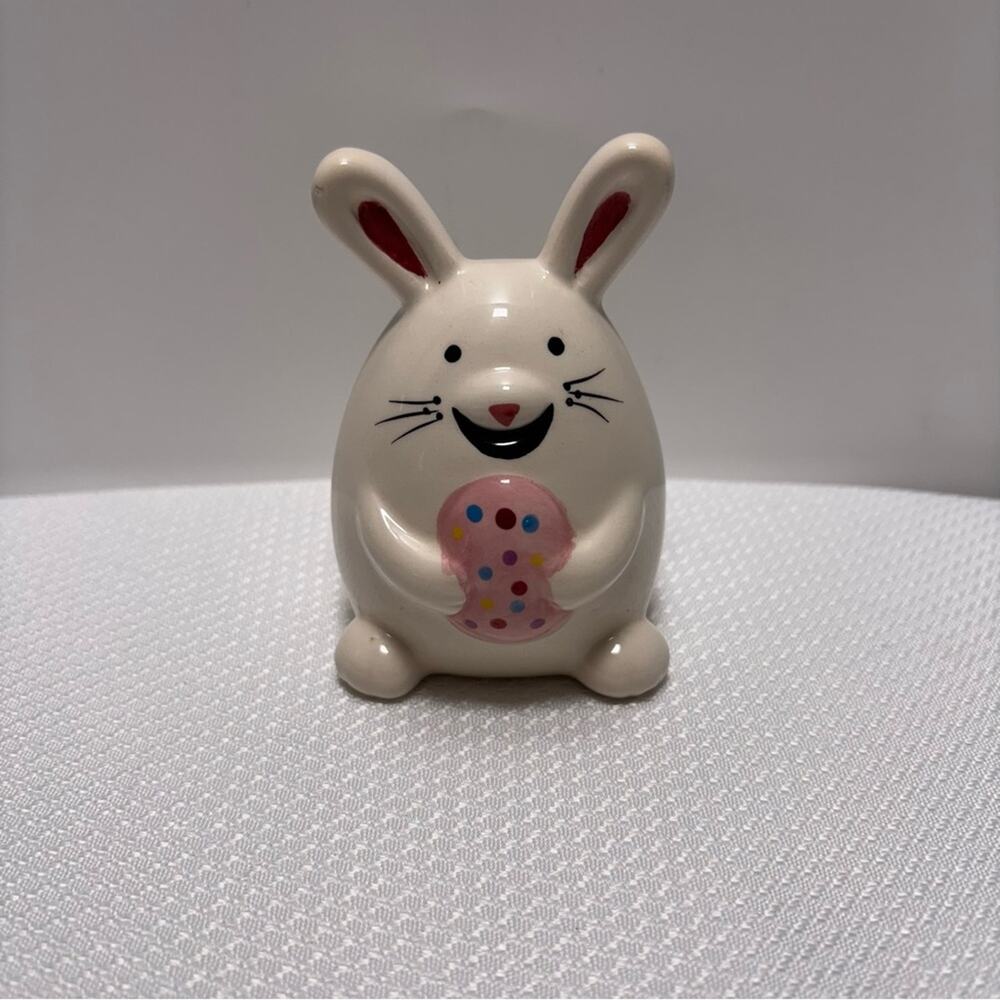 Ceramic Bunny Bank Figurine with Pink Accents